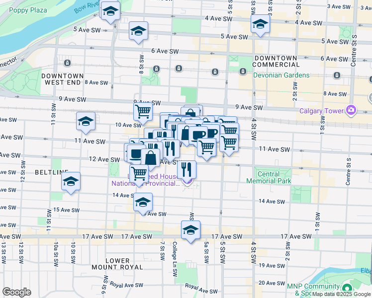map of restaurants, bars, coffee shops, grocery stores, and more near 740 12 Avenue Southwest in Calgary