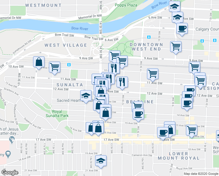 map of restaurants, bars, coffee shops, grocery stores, and more near in Calgary