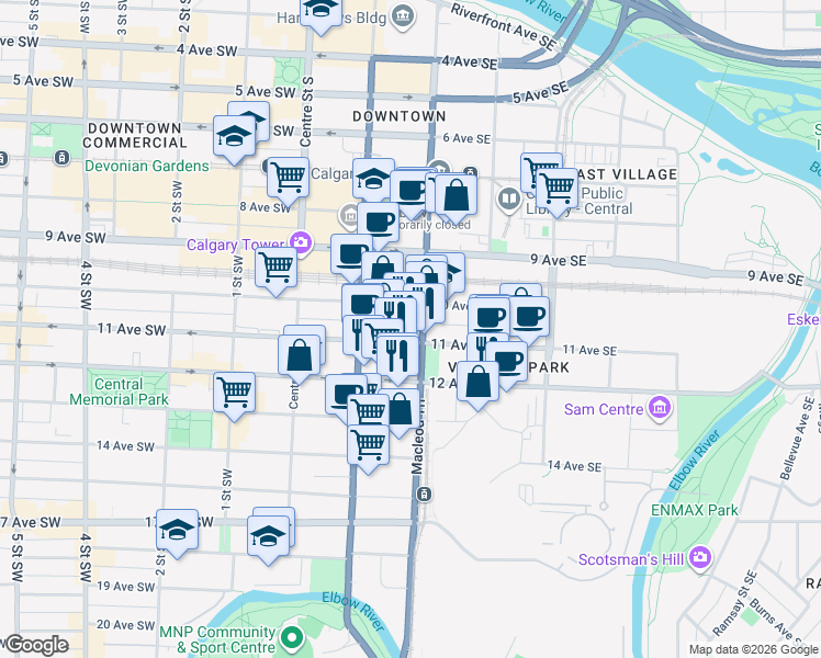 map of restaurants, bars, coffee shops, grocery stores, and more near in Calgary