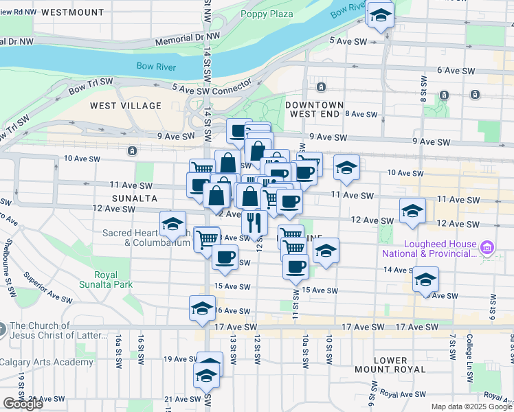 map of restaurants, bars, coffee shops, grocery stores, and more near 1312 12 Avenue Southwest in Calgary