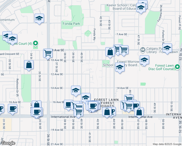 map of restaurants, bars, coffee shops, grocery stores, and more near 1300 41 Street Southeast in Calgary