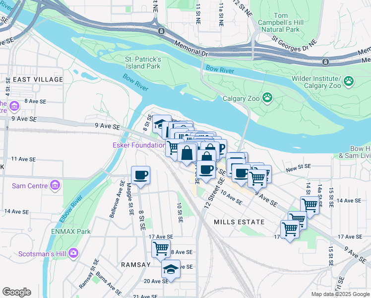 map of restaurants, bars, coffee shops, grocery stores, and more near in Calgary