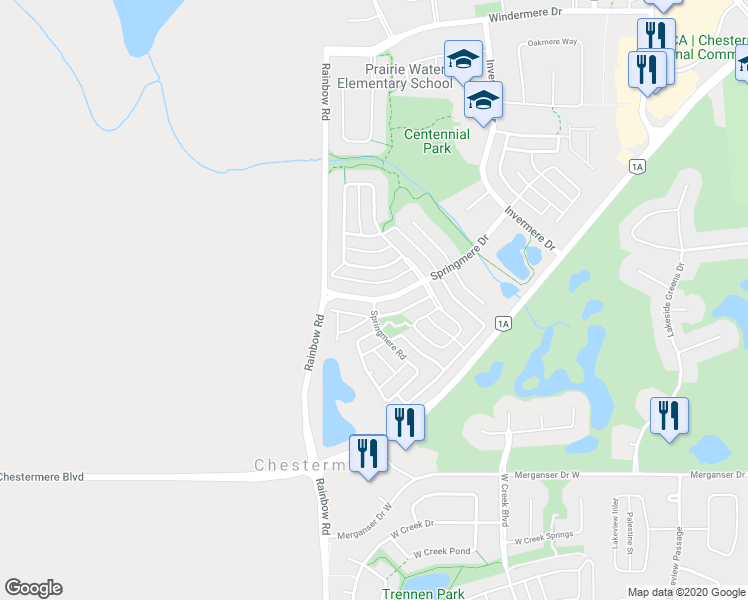 map of restaurants, bars, coffee shops, grocery stores, and more near Springmere Drive in Chestermere