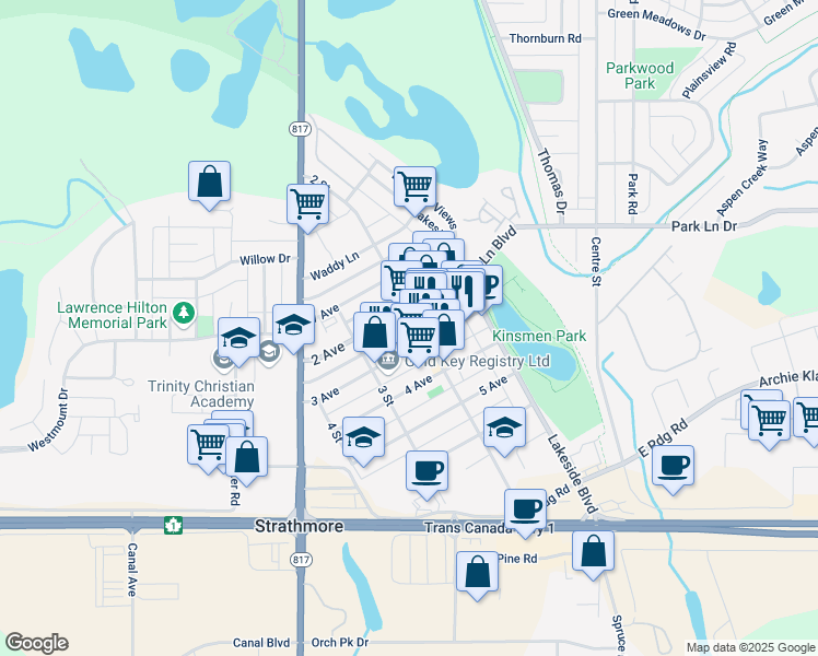 map of restaurants, bars, coffee shops, grocery stores, and more near 134 3 Avenue in Strathmore