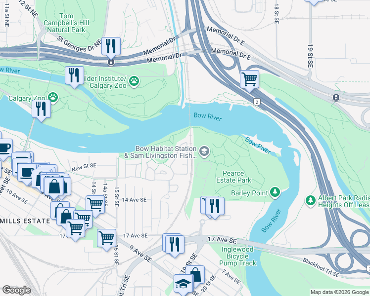 map of restaurants, bars, coffee shops, grocery stores, and more near 63 Inglewood Grove Southeast in Calgary