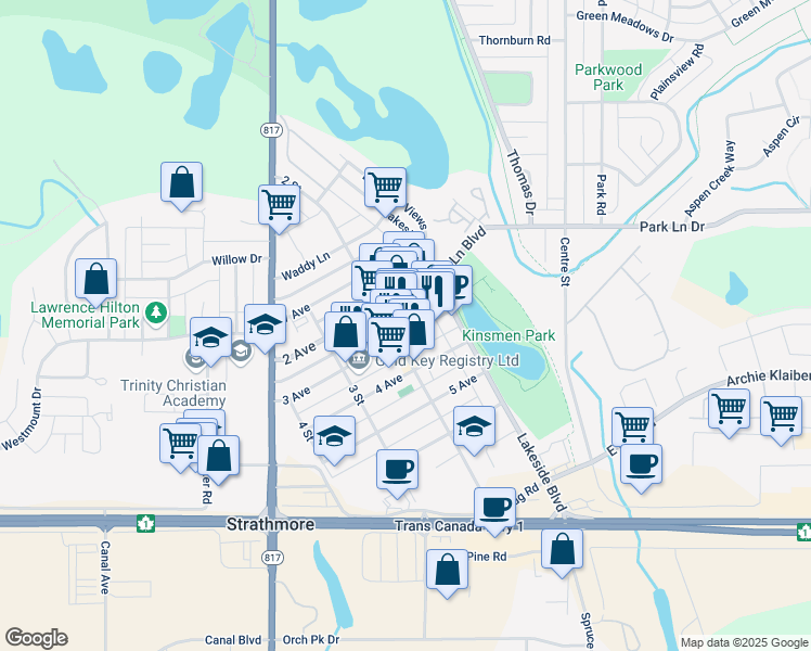 map of restaurants, bars, coffee shops, grocery stores, and more near 134 3 Avenue in Strathmore