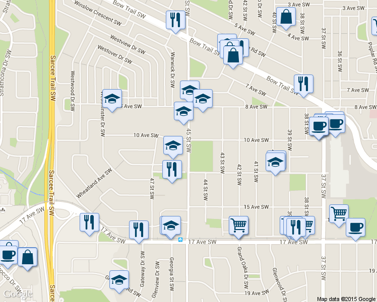 map of restaurants, bars, coffee shops, grocery stores, and more near 1121 45 Street Southwest in Calgary