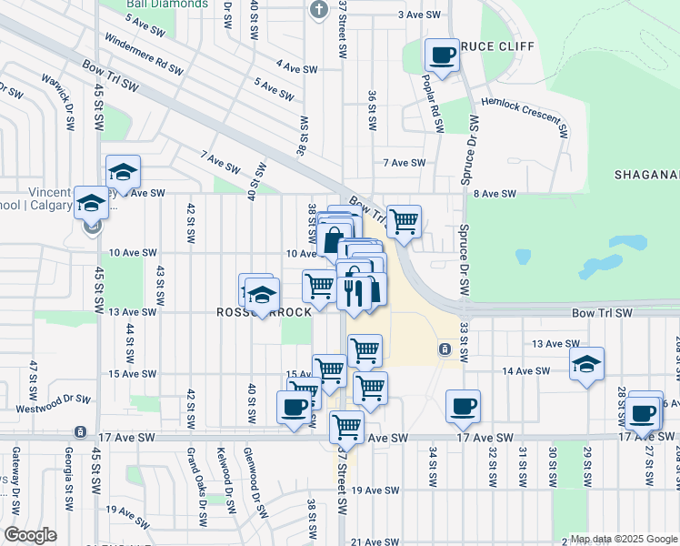 map of restaurants, bars, coffee shops, grocery stores, and more near in Calgary
