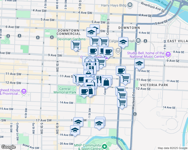 map of restaurants, bars, coffee shops, grocery stores, and more near 110 12 Avenue Southwest in Calgary