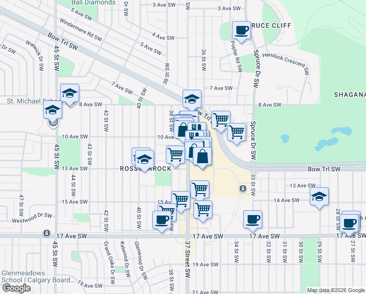 map of restaurants, bars, coffee shops, grocery stores, and more near in Calgary