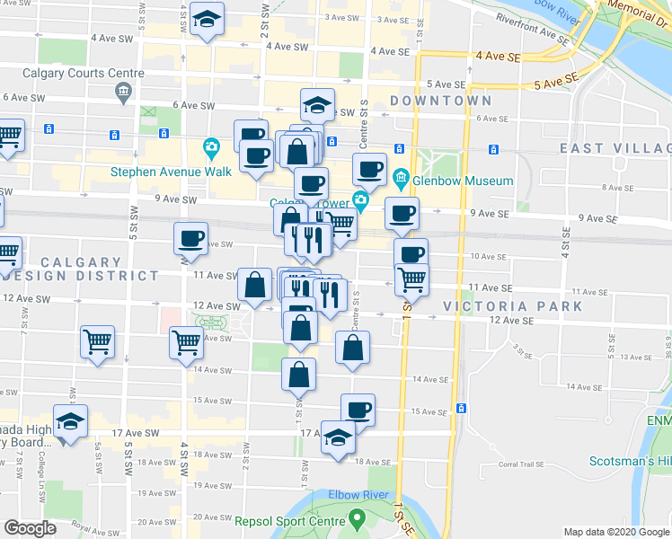 map of restaurants, bars, coffee shops, grocery stores, and more near 104, 110 12 Avenue Southwest in Calgary