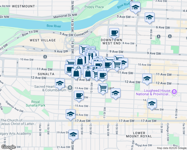 map of restaurants, bars, coffee shops, grocery stores, and more near 1030 12 Street Southwest in Calgary