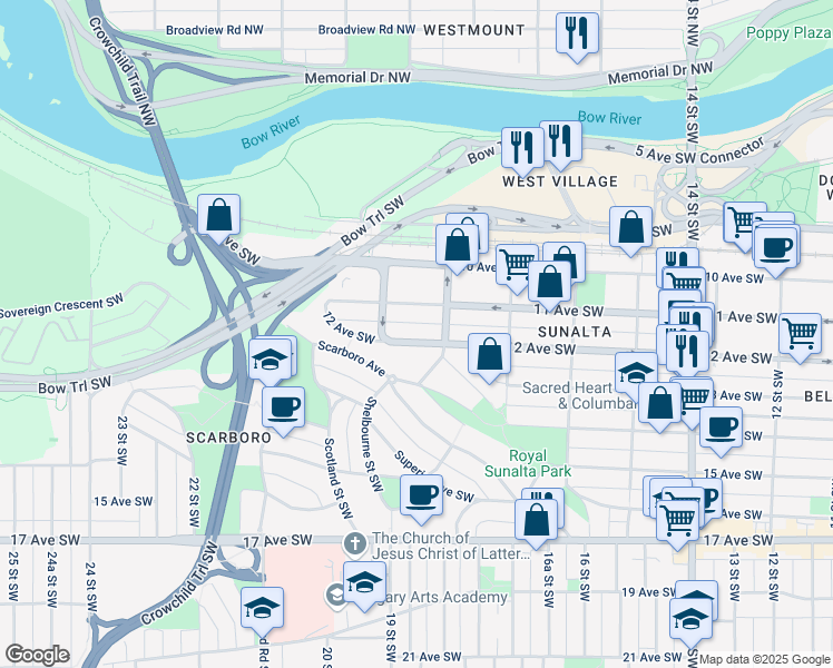 map of restaurants, bars, coffee shops, grocery stores, and more near 1920 12 Avenue Southwest in Calgary