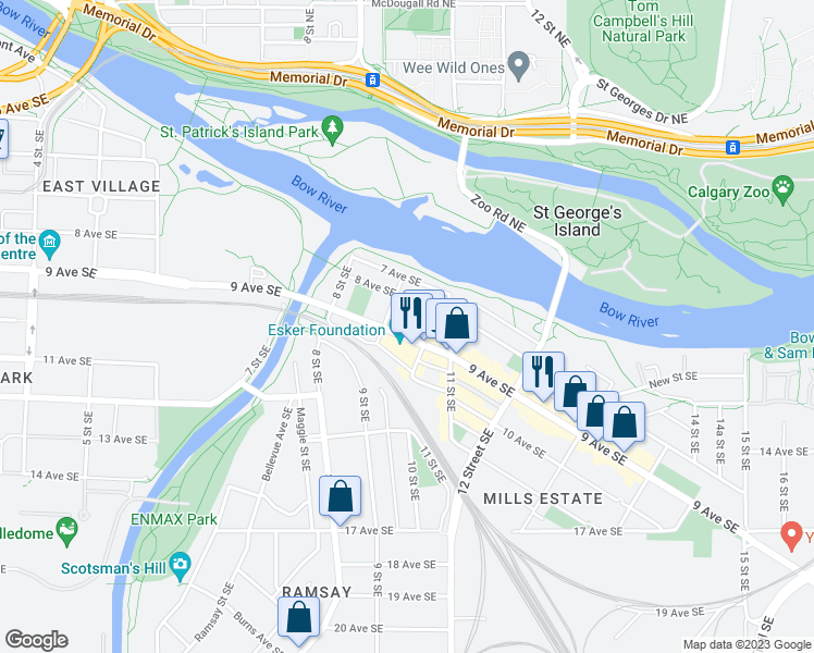 map of restaurants, bars, coffee shops, grocery stores, and more near in Calgary