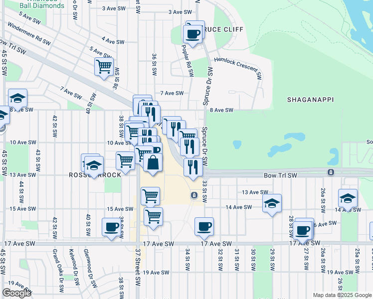 map of restaurants, bars, coffee shops, grocery stores, and more near in Calgary