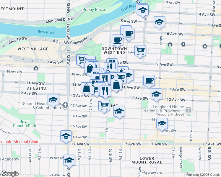 map of restaurants, bars, coffee shops, grocery stores, and more near 1177 11 Avenue Southwest in Calgary