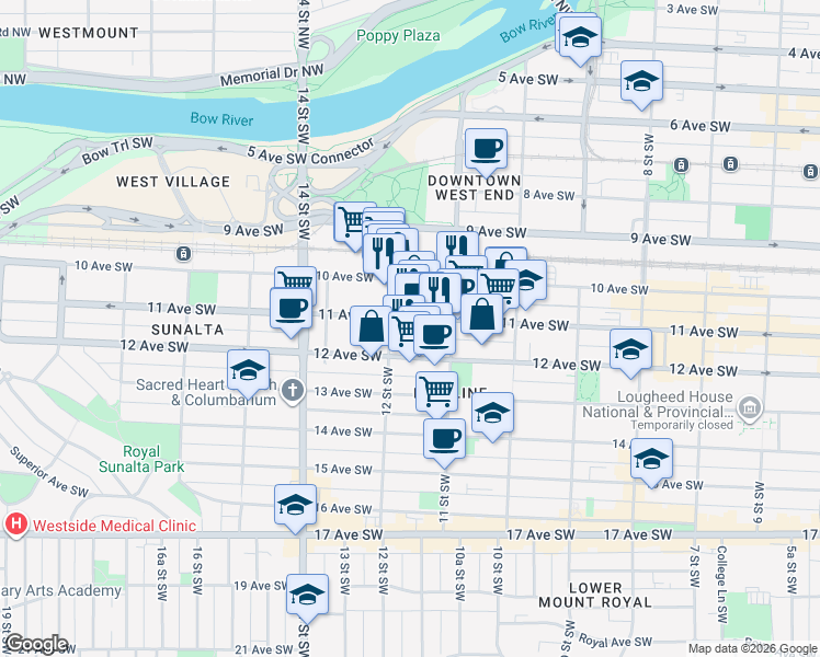 map of restaurants, bars, coffee shops, grocery stores, and more near 1220 11 Avenue Southwest in Calgary