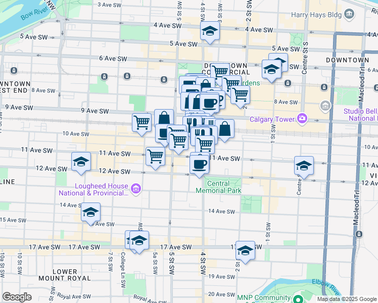 map of restaurants, bars, coffee shops, grocery stores, and more near in Calgary
