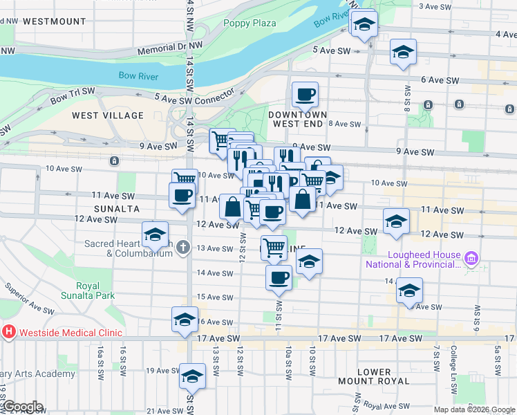 map of restaurants, bars, coffee shops, grocery stores, and more near 1220 11 Avenue Southwest in Calgary