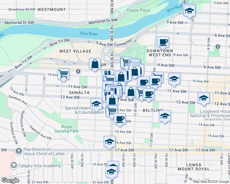 map of restaurants, bars, coffee shops, grocery stores, and more near in Calgary