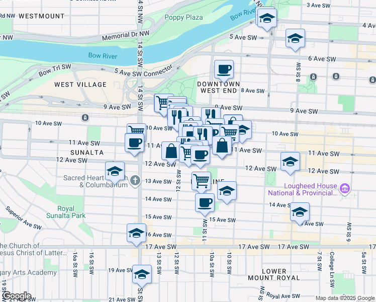 map of restaurants, bars, coffee shops, grocery stores, and more near 1235 11 Avenue Southwest in Calgary