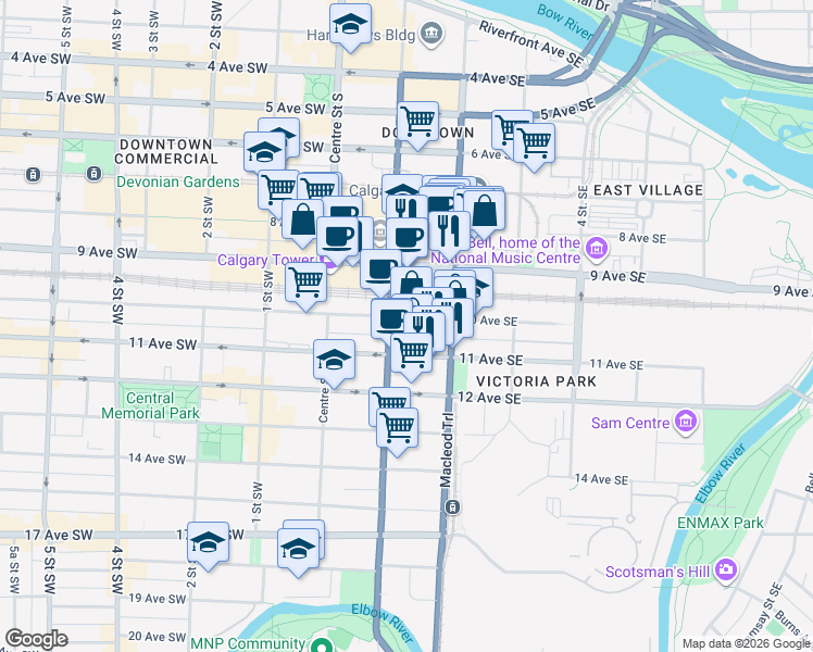 map of restaurants, bars, coffee shops, grocery stores, and more near 204 10 Avenue Southeast in Calgary