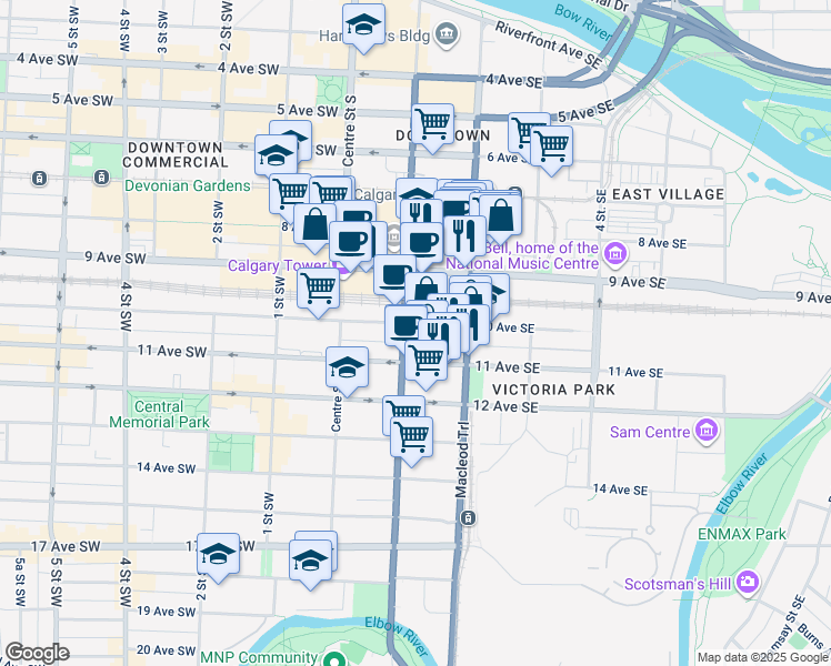 map of restaurants, bars, coffee shops, grocery stores, and more near 201 10 Avenue Southeast in Calgary