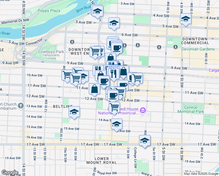 map of restaurants, bars, coffee shops, grocery stores, and more near in Calgary