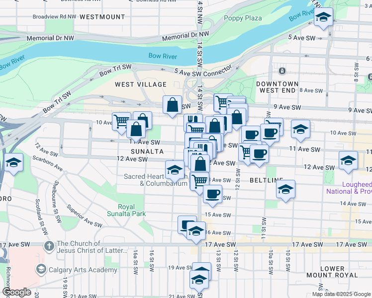 map of restaurants, bars, coffee shops, grocery stores, and more near in Calgary