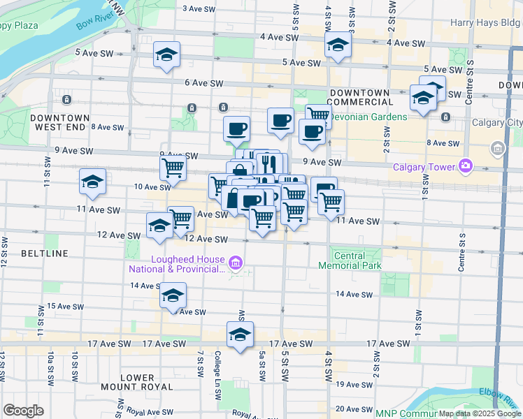 map of restaurants, bars, coffee shops, grocery stores, and more near 628 11 Avenue Southwest in Calgary