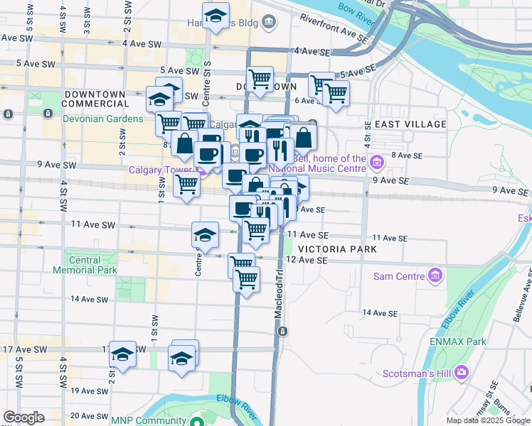map of restaurants, bars, coffee shops, grocery stores, and more near 204 10 Avenue Southeast in Calgary