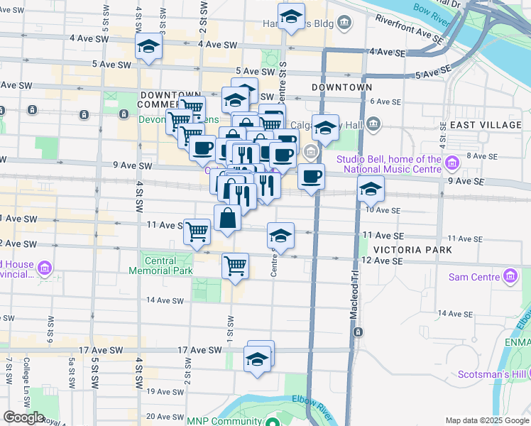 map of restaurants, bars, coffee shops, grocery stores, and more near 123 10 Avenue Southwest in Calgary