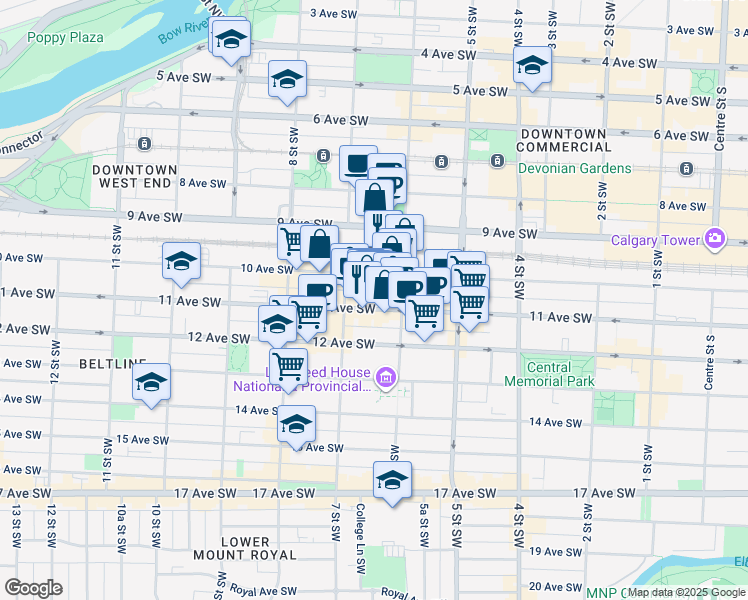 map of restaurants, bars, coffee shops, grocery stores, and more near 738 11 Avenue Southwest in Calgary