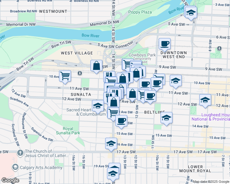 map of restaurants, bars, coffee shops, grocery stores, and more near 1104 14 Street Southwest in Calgary