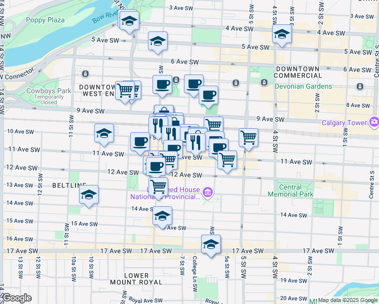 map of restaurants, bars, coffee shops, grocery stores, and more near 738 11 Avenue Southwest in Calgary