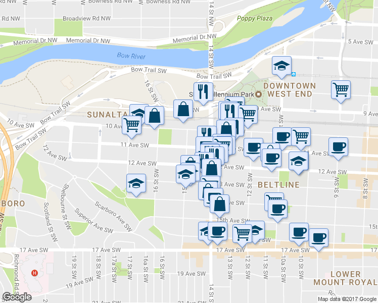 map of restaurants, bars, coffee shops, grocery stores, and more near in Calgary