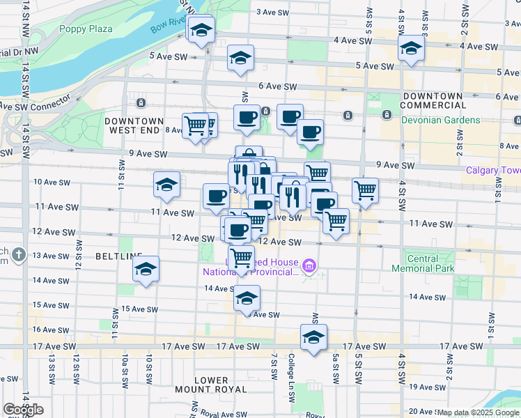 map of restaurants, bars, coffee shops, grocery stores, and more near 805 10 Avenue Southwest in Calgary