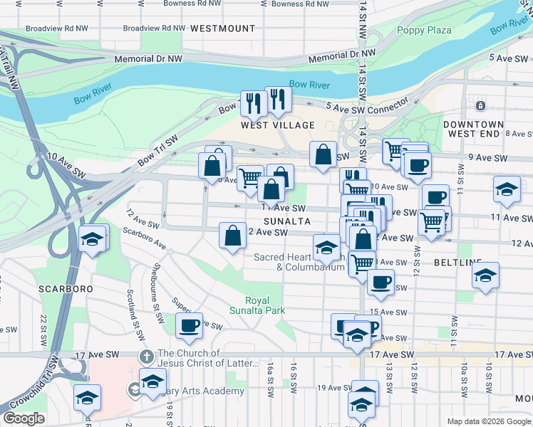 map of restaurants, bars, coffee shops, grocery stores, and more near 1720 11 Avenue Southwest in Calgary