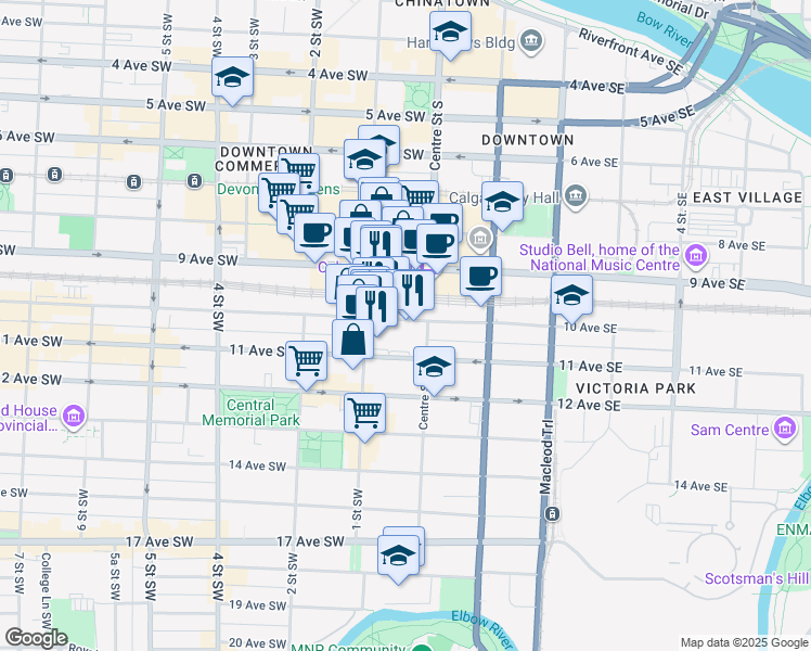 map of restaurants, bars, coffee shops, grocery stores, and more near 140 10 Avenue Southwest in Calgary