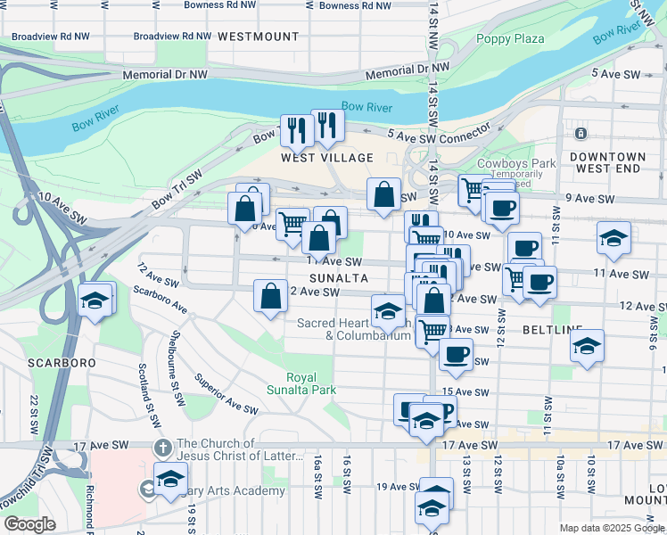 map of restaurants, bars, coffee shops, grocery stores, and more near in Calgary