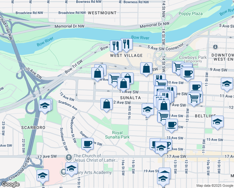 map of restaurants, bars, coffee shops, grocery stores, and more near 1720 11 Avenue Southwest in Calgary