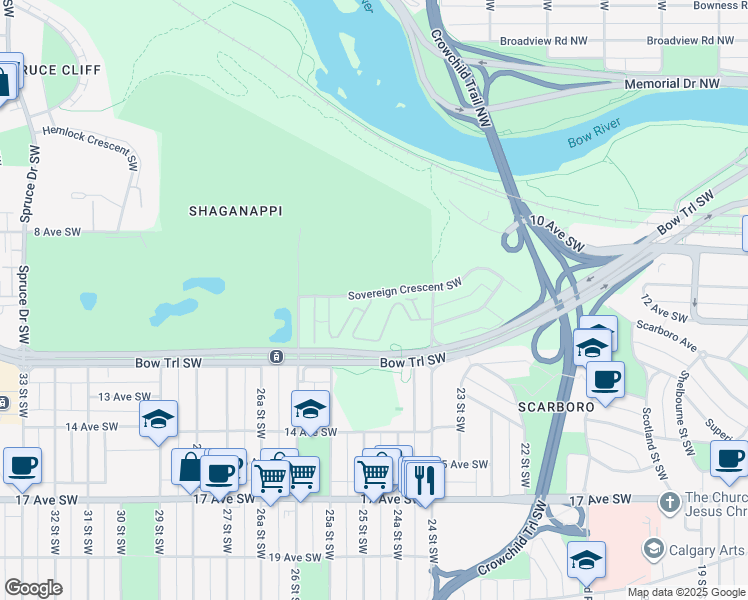 map of restaurants, bars, coffee shops, grocery stores, and more near 2435 Sovereign Crescent SW in Calgary