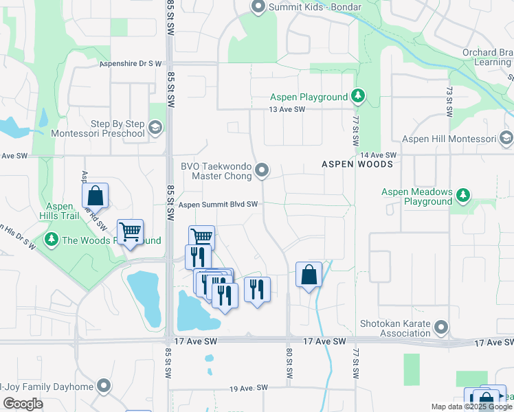 map of restaurants, bars, coffee shops, grocery stores, and more near 168 Aspen Summit Drive Southwest in Calgary