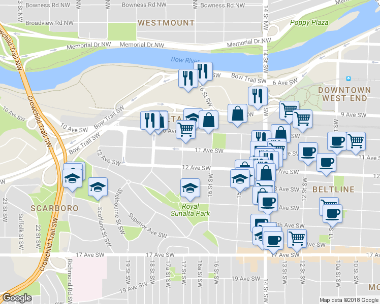 map of restaurants, bars, coffee shops, grocery stores, and more near 1718 11 Avenue Southwest in Calgary