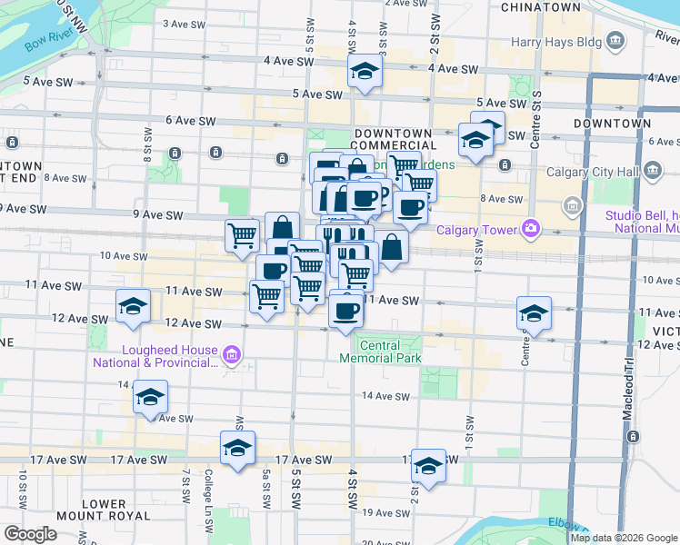 map of restaurants, bars, coffee shops, grocery stores, and more near 517 10 Avenue Southwest in Calgary