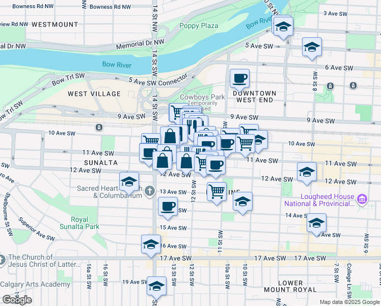 map of restaurants, bars, coffee shops, grocery stores, and more near 1302 11 Avenue Southwest in Calgary