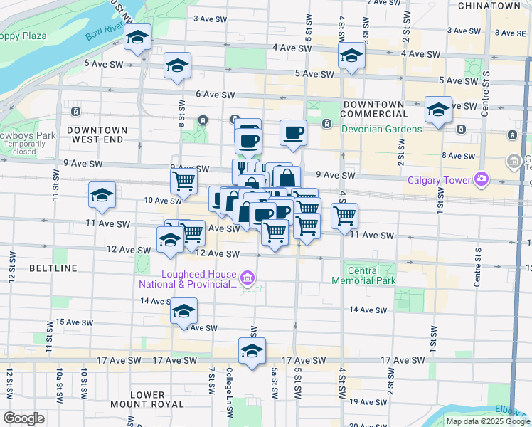 map of restaurants, bars, coffee shops, grocery stores, and more near in Calgary
