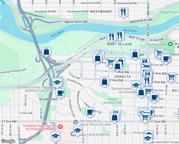 map of restaurants, bars, coffee shops, grocery stores, and more near in Calgary