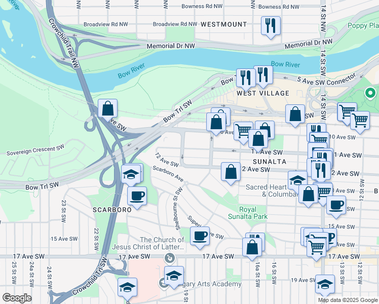 map of restaurants, bars, coffee shops, grocery stores, and more near 1931 11 Avenue Southwest in Calgary