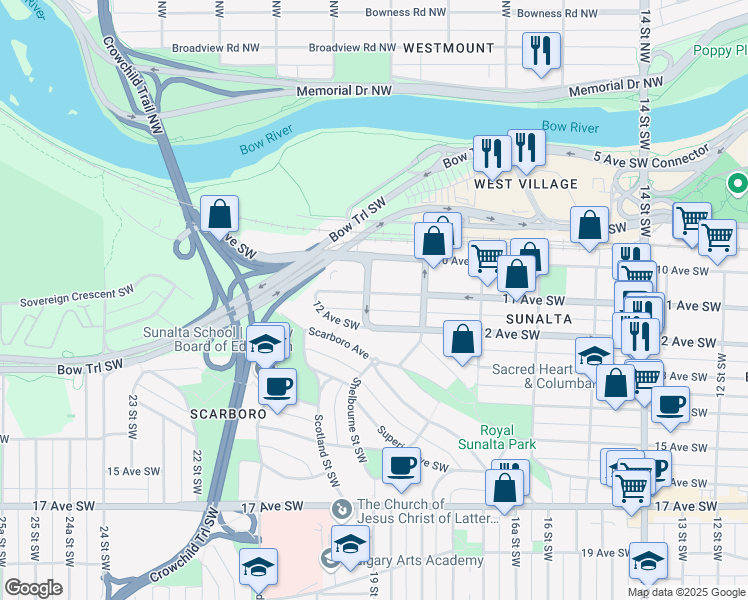 map of restaurants, bars, coffee shops, grocery stores, and more near 1931 11 Avenue Southwest in Calgary